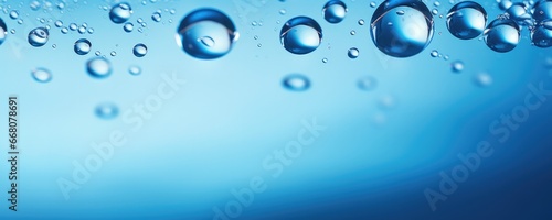 Macro water drops in blue clear drinking water, panorama banner. Generative Ai.