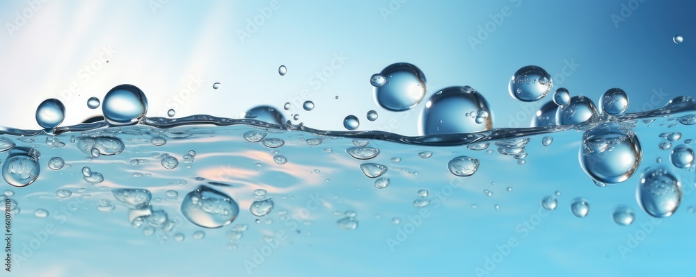 Macro water drops in blue clear drinking water, panorama banner. Generative Ai. Macro water drops in blue clear drinking water, panorama banner. Generative Ai.