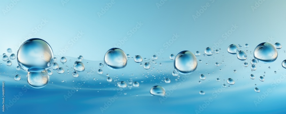 Macro water drops in blue clear drinking water, panorama banner. Generative Ai. Macro water drops in blue clear drinking water, panorama banner. Generative Ai.