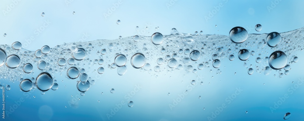 Macro water drops in blue clear drinking water, panorama banner. Generative Ai. Macro water drops in blue clear drinking water, panorama banner. Generative Ai.