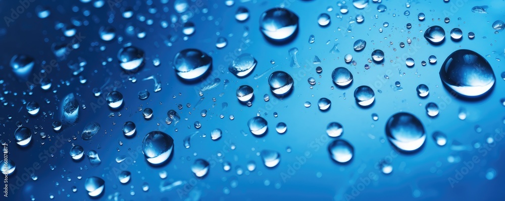 Macro water drops in blue clear drinking water, panorama banner. Generative Ai. Macro water drops in blue clear drinking water, panorama banner. Generative Ai.