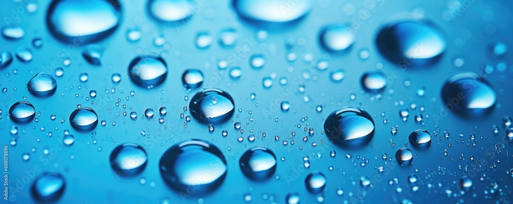 Macro water drops in blue clear drinking water, panorama banner. Generative Ai. Macro water drops in blue clear drinking water, panorama banner. Generative Ai.