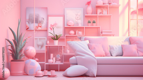 room with pink sofa  pastel theme 3d