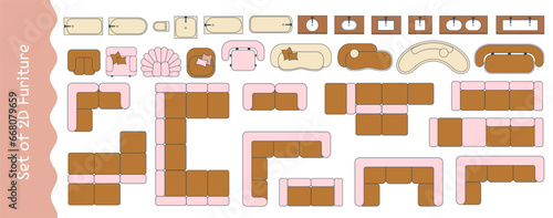 WebFurniture for the floor plan. Top view chairs, sofas, bathtubs, sinks etc. Perfect for interior mood boards and planning sketches. Architectural.