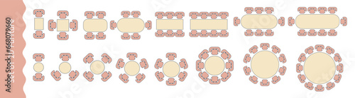 WebFurniture for the floor plan. Top view tables for office and dinner room. Perfect for interior mood boards and planning sketches. Architectural.