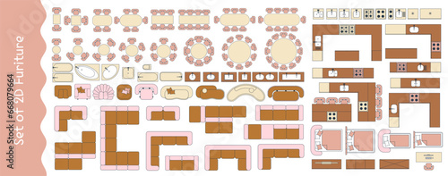 Furniture for the floor plan. Top view tables, beds, chairs, sofas, wardrobes, kitchen furniture, etc. Perfect for interior mood boards and planning sketches. Architectural.