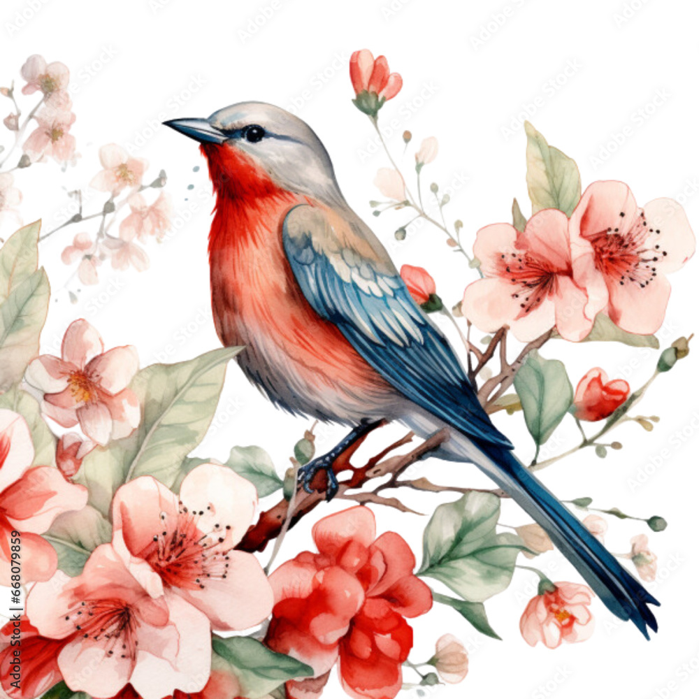 Bird and red flowers. Spring watercolor pattern. Generative AI