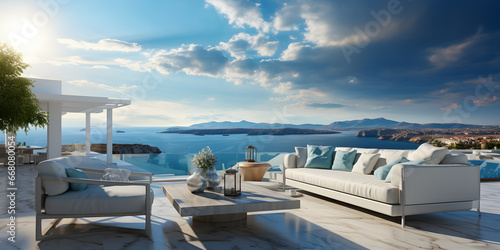 Santorini island, Greece. Luxury terrace with sea view. ia generated