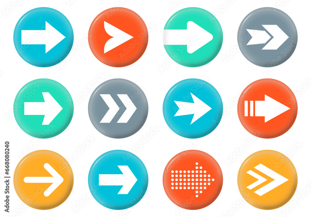 Arrow icon set. Circle button or badge collection with arrows. Next, up, right, down, back pointer symbols. Web design elements. Vector illustration. Arrow icon set. Circle button or badge collection with arrows. Next, up, right, down, back pointer symbols. Web design elements. Vector illustration.