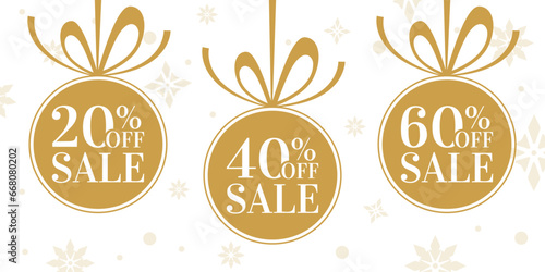 Sale banner with 20  40  60 percent price off label  icon or tag. Winter discount balls with bow and ribbon. Christmas holiday promotion card design. Vector illustration.