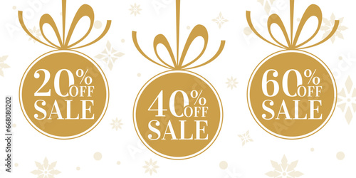 Sale banner with 20, 40, 60 percent price off label, icon or tag. Winter discount balls with bow and ribbon. Christmas holiday promotion card design. Vector illustration.