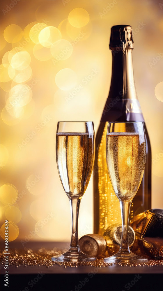 Glasses of champagne on a blurred background with bokeh, party or holiday concept. New Year or Christmas sparkling background with copy space. Gold and black colors. Glasses of champagne on a blurred background with bokeh, party or holiday concept. New Year or Christmas sparkling background with copy space. Gold and black colors.