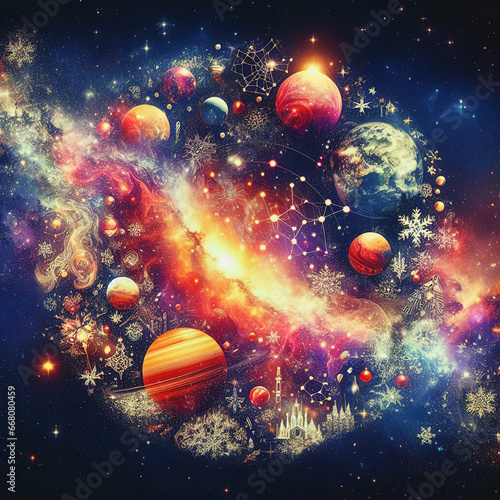 Christmas card with Christmas tree toys on the background of the universe