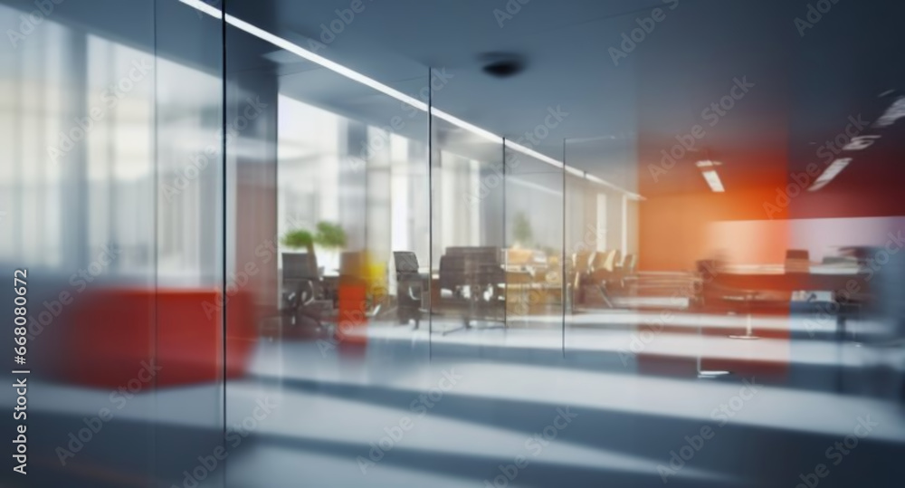 Beautiful blurred background of a modern office interior in gray tones with panoramic windows, glass partitions and orange color accents.