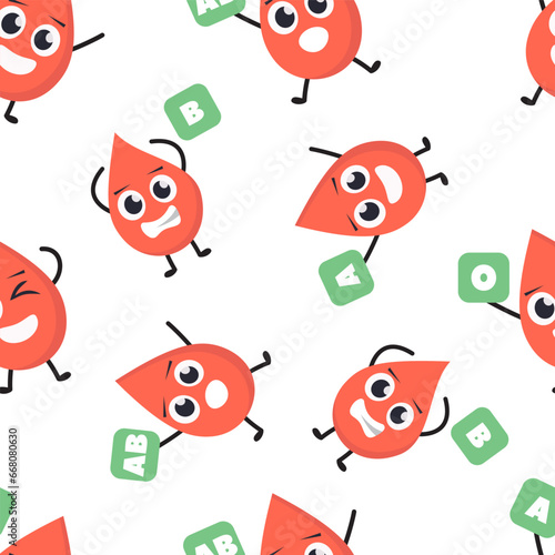 cute blood drop pattern. healthy red bloody type cartoon characters, blood donor, liquid transfusion donation symbol. vector cartoon flat minimalistic trendy characters set seamless pattern