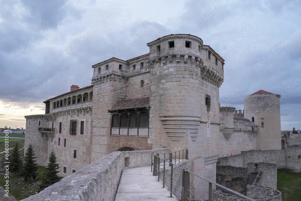 Panoramic view of the huge castle of the town of Cuellar, Spain