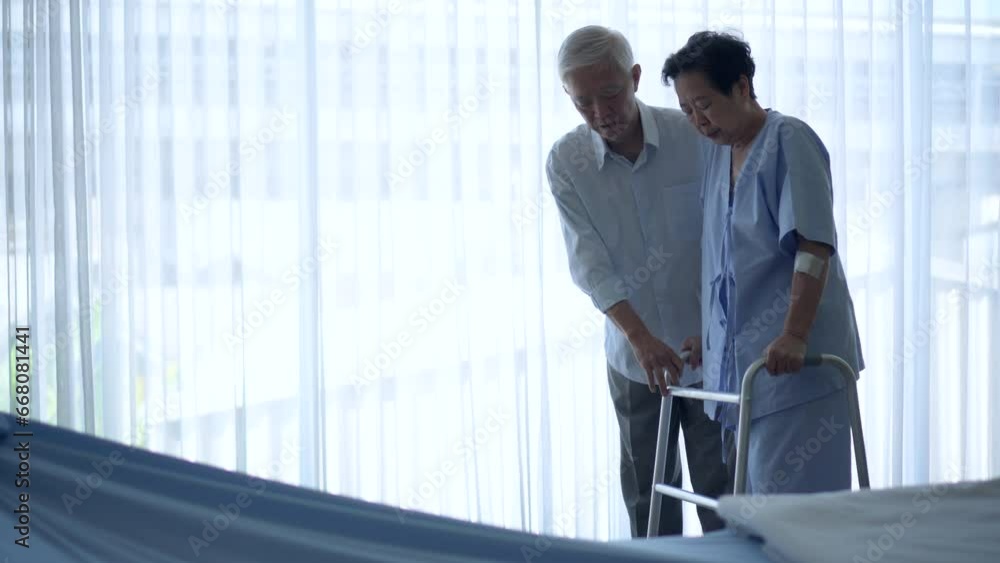 Asian elderly senior husband take care encourage wife during recovery physical walking therapy at hospital lovely couple Asian elderly senior husband take care encourage wife during recovery physical walking therapy at hospital lovely couple