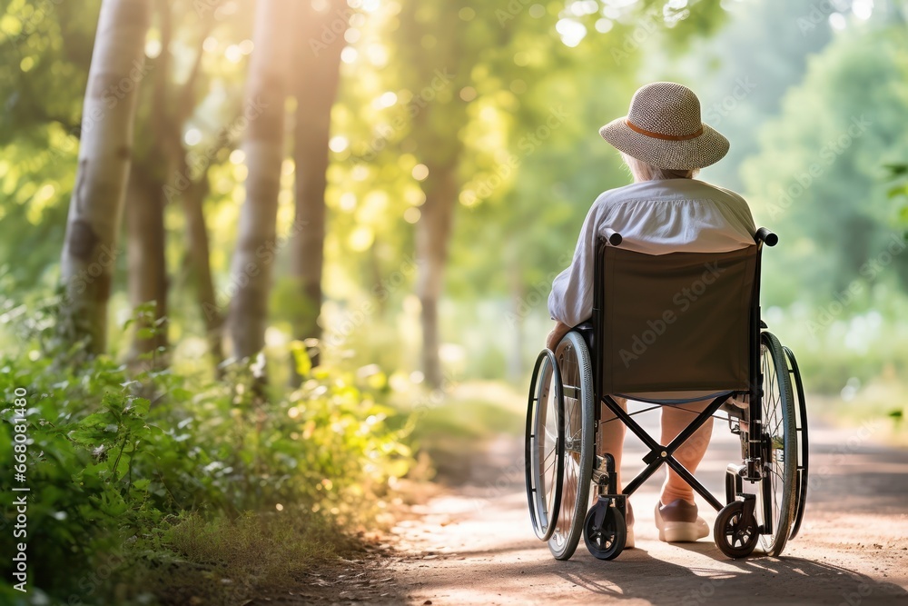 No one can take away the love of life from me. The breath of wind in an summer park inspires me. Back view of an elder woman in a wheelchair enjoying the summer city park. No one can take away the love of life from me. The breath of wind in an summer park inspires me. Back view of an elder woman in a wheelchair enjoying the summer city park.
