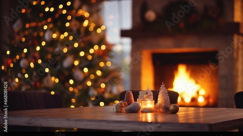Christmas tree, candles and toys on the background of a burning fireplace.