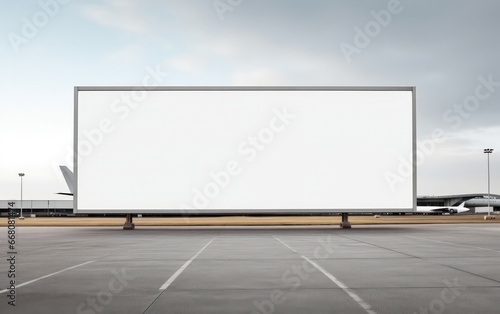 Runway Airport with plane billboard mockup with white screen. Business concept, outdoor board, empty frame