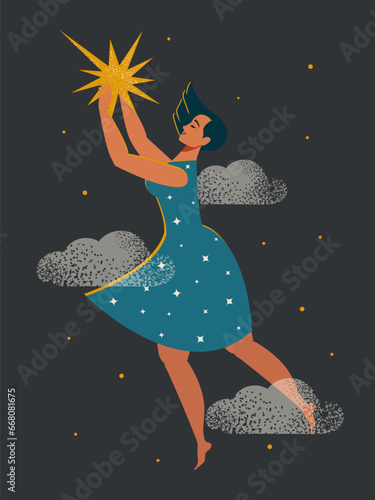 Woman with a star.
Cute happy woman in a blue dress flying in the clouds with a yellow star in her hands. Follow your dreams. Vector.
