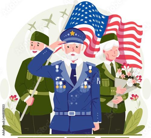 A Group of Veterans With an American Flag and Holding Flowers Saluting and Celebrating Veterans Day