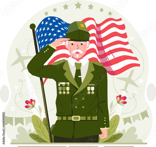 A Male Senior Veteran Saluting on Veterans Day With a Fluttering American Flag Background