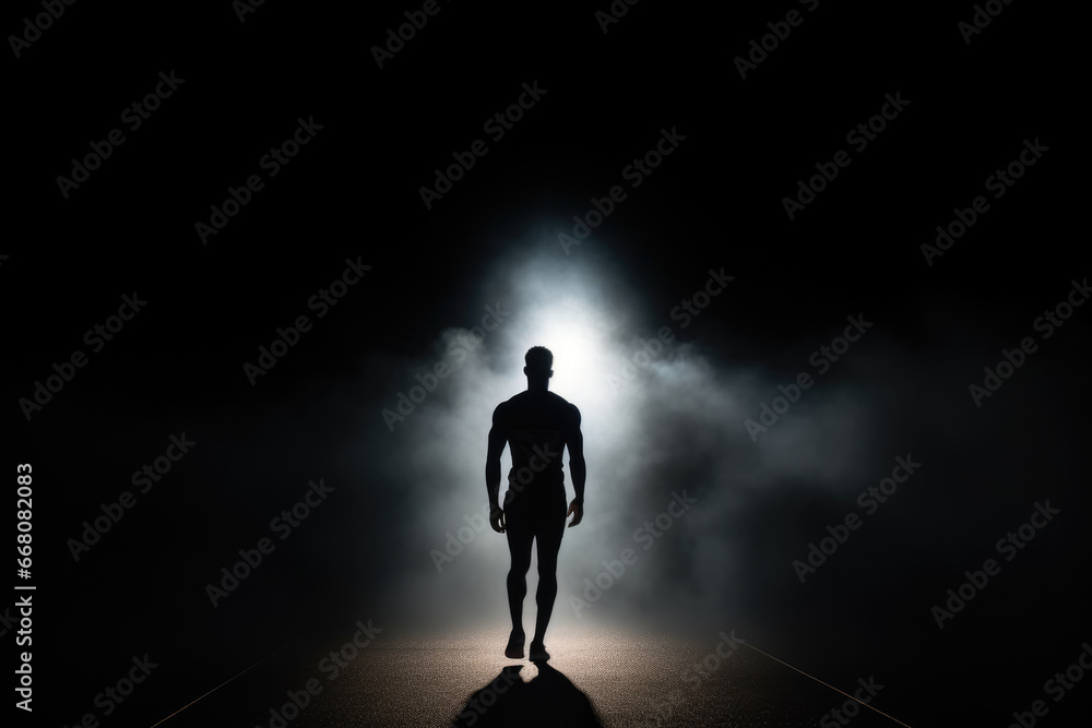 Silhouette of a basketball player walking against the background of smoke and sports spotlights. - obrazy, fototapety, plakaty 