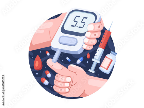 Vector illustration depicts essential diabetes monitoring, emphasizing regular self-testing for healthy blood sugar levels and overall well-being.
perfect for infographic, social media, banner, etc.