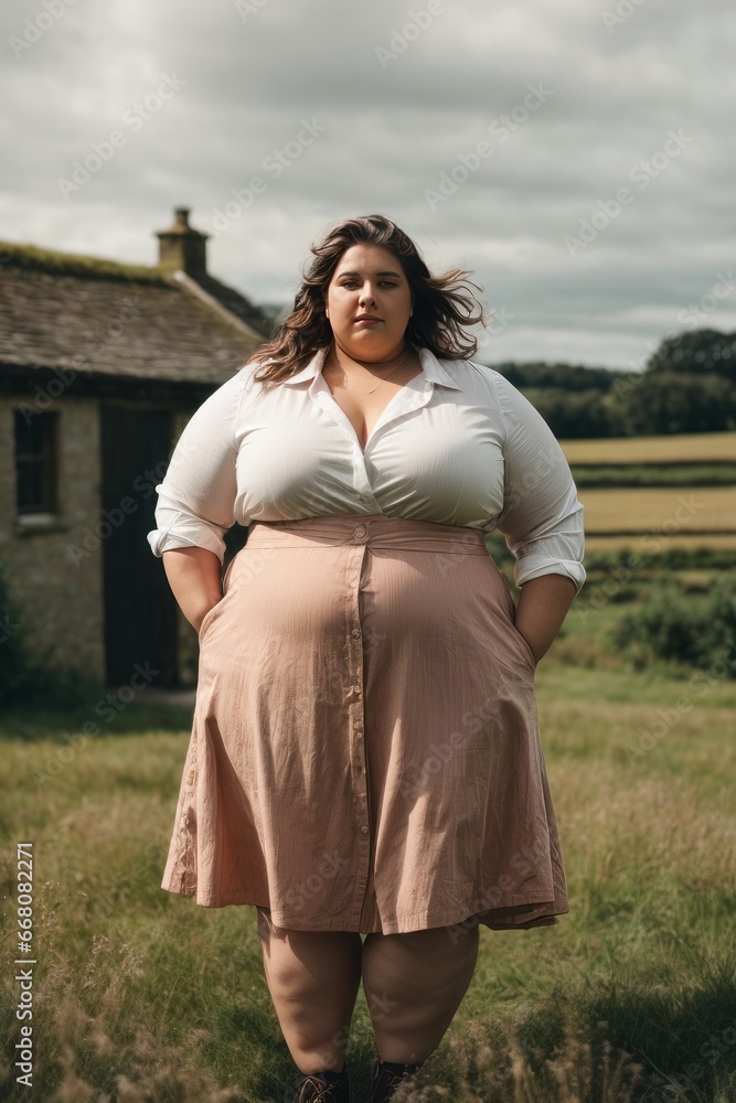 Portrait of a beautiful fat farmer woman on the background of her farm Portrait of a beautiful fat farmer woman on the background of her farm