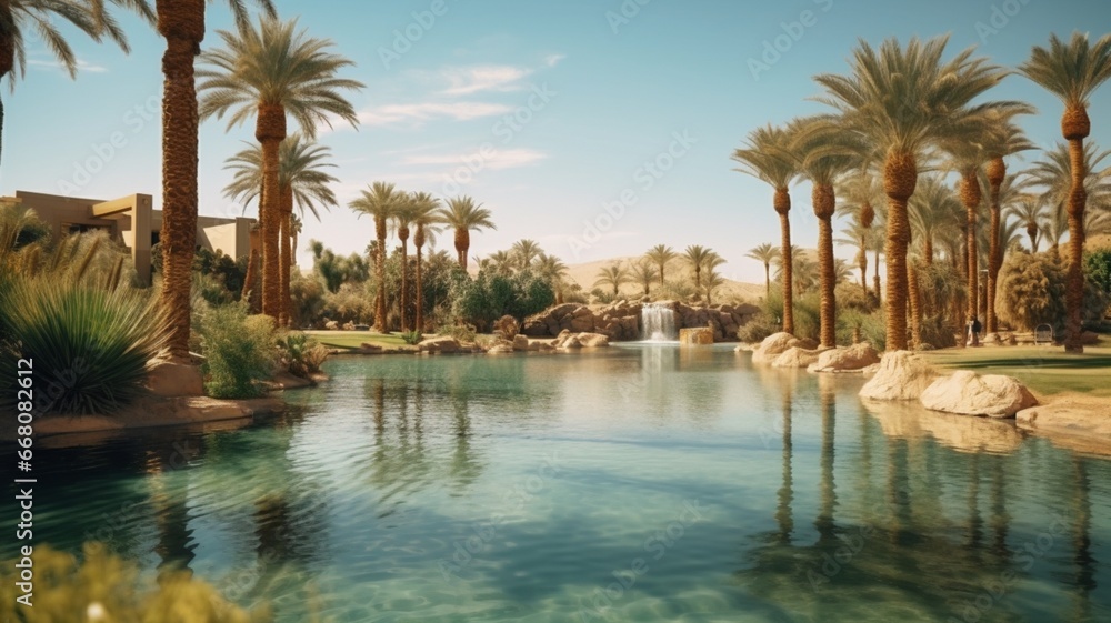 Artificial lake garden with palm trees photography image Ai generated art