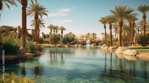 Artificial lake garden with palm trees photography image Ai generated art © Manik007