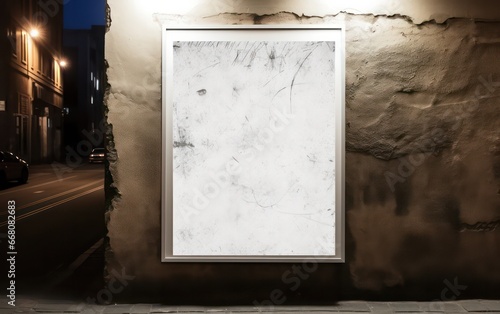 White poster template. frame poster on the wall, textured sticker, street art, blank mockup. Canvas in the night light city
