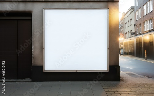 White poster template. frame poster on the wall, textured sticker, street art, blank mockup. Canvas in the night light city