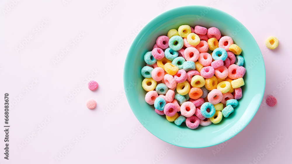 Bowl with fruit cereal rings on a light pink background, top view banner