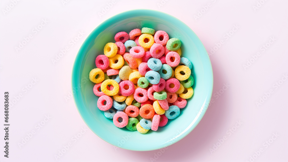 Blue bowl with fruit cereal rings on a light pink background, top view banner