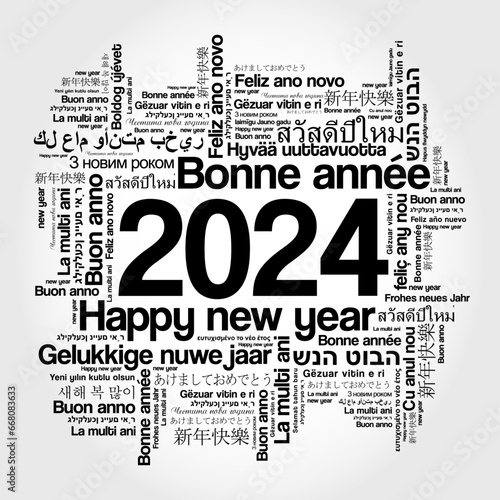 2024 Happy New Year in different languages, celebration word cloud greeting card