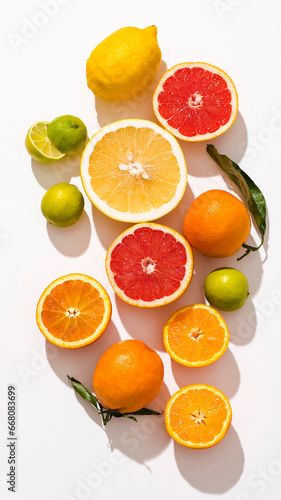 Fresh citrus fruits fool of vitamins  oranges  blood oranges  tarocco   pomelo  grapefruit lemons and lime on white background  sunlight  top view