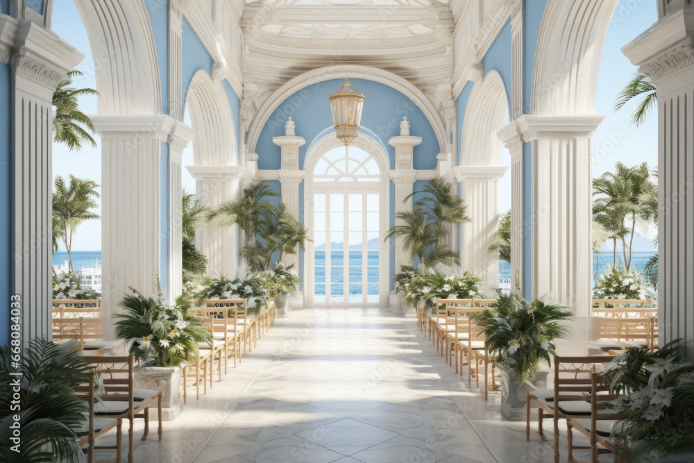 a wedding aisle made of bleached blue walls and palm trees