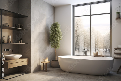 Interior of a modern bathroom with a bathtub and a large window