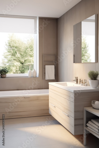 Interior of a compact beige bathroom with a sink with a bathtub and a window