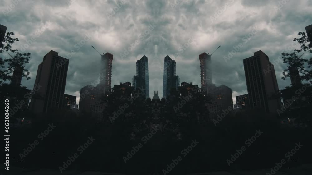 Low angle view of modern high rise buildings against heavy clouds flowing in sky. Hyperlapse shot. Abstract computer effect digital composed footage Low angle view of modern high rise buildings against heavy clouds flowing in sky. Hyperlapse shot. Abstract computer effect digital composed footage