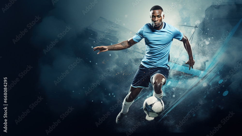 Young sporty athletic african man wearing in blue sport clothes, soccer football player in action on dark blue background. Concept of sport, game, action. Copy space for ad. Modern design background
