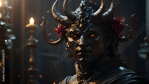 Great warrior with horns. Demon horns. Devil head with horns, lord of hell, eyes of satan. Ai ganerated image. 
