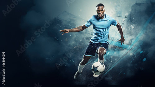 Young sporty athletic african man wearing in blue sport clothes, soccer football player in action on dark blue background. Concept of sport, game, action. Copy space for ad. Modern design background © yana136