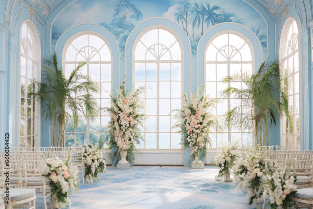 a wedding aisle made of bleached blue walls and palm trees