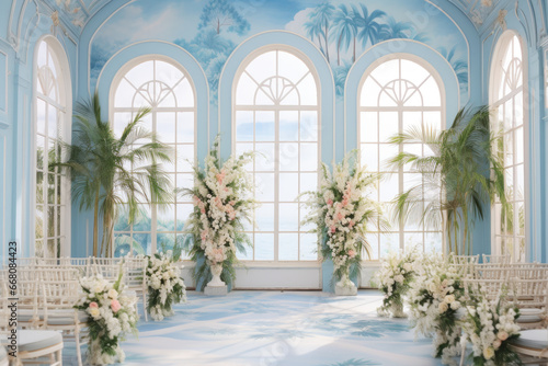 a wedding aisle made of bleached blue walls and palm trees