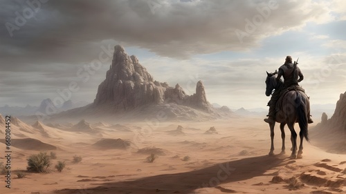 A man on a horse with valley in the desert