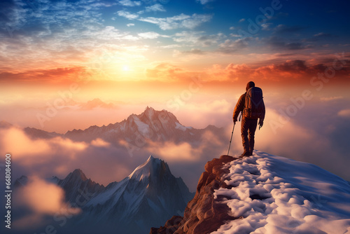 Mountaineer on the top of the mountain. Morning atmosphere, sun rising above the clouds. mountaineering, mountaineering, hiking. Love for nature. high mountain. risky sport