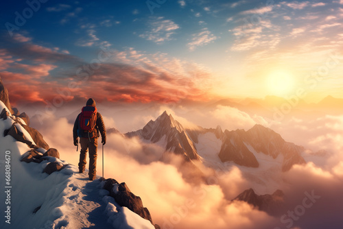 Mountaineer on the top of the mountain. Morning atmosphere  sun rising above the clouds. mountaineering  mountaineering  hiking. Love for nature. high mountain. risky sport